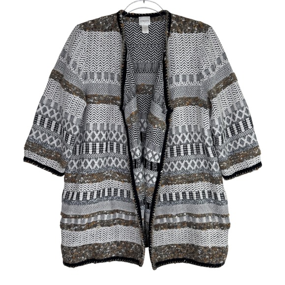 Chico's Cardigan Sweater Womens 1 Medium Black Gray Open Front Pockets Jacquard - Picture 1 of 10